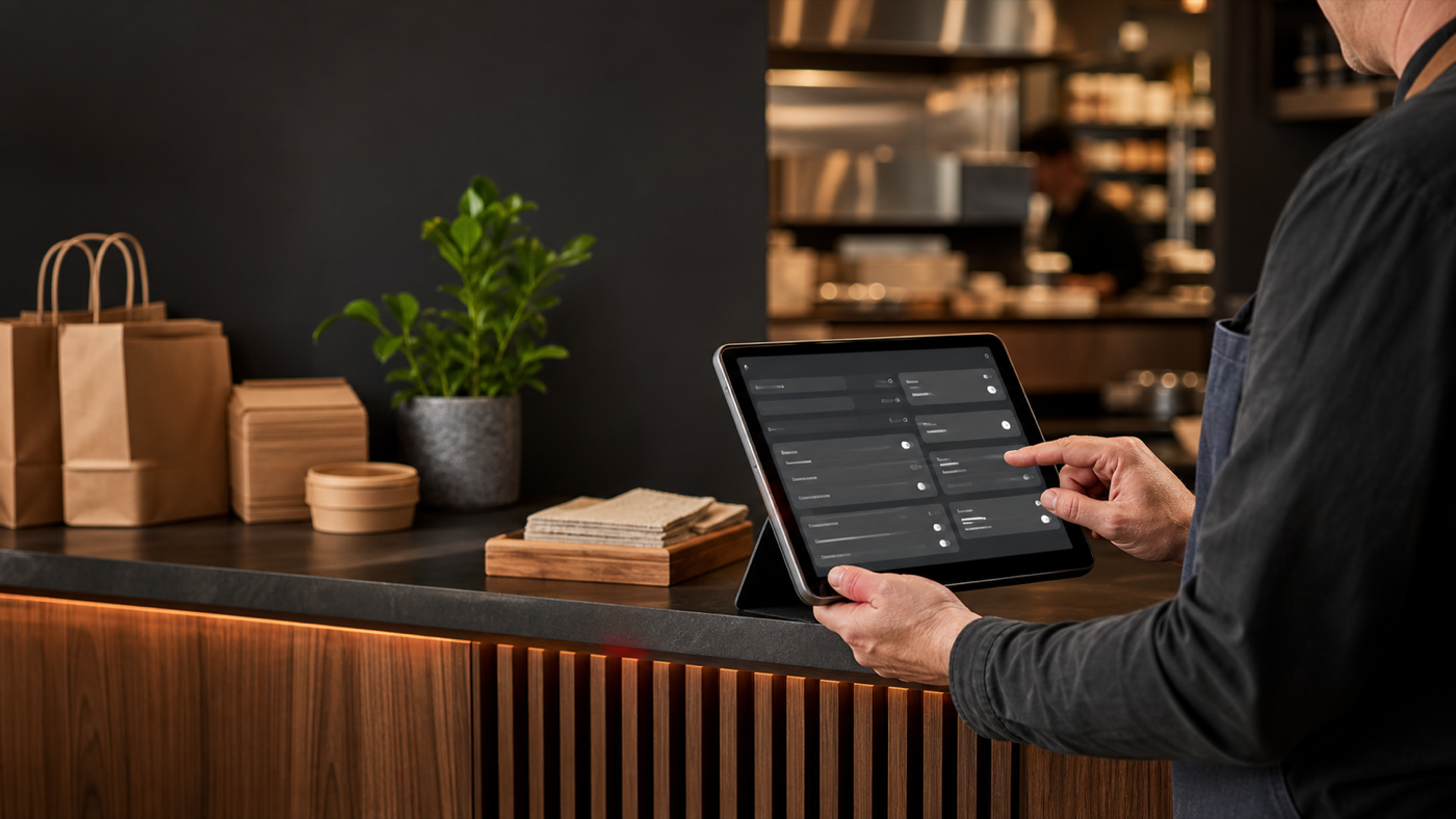 Gestor ajustando configurações da loja em um painel de restaurante