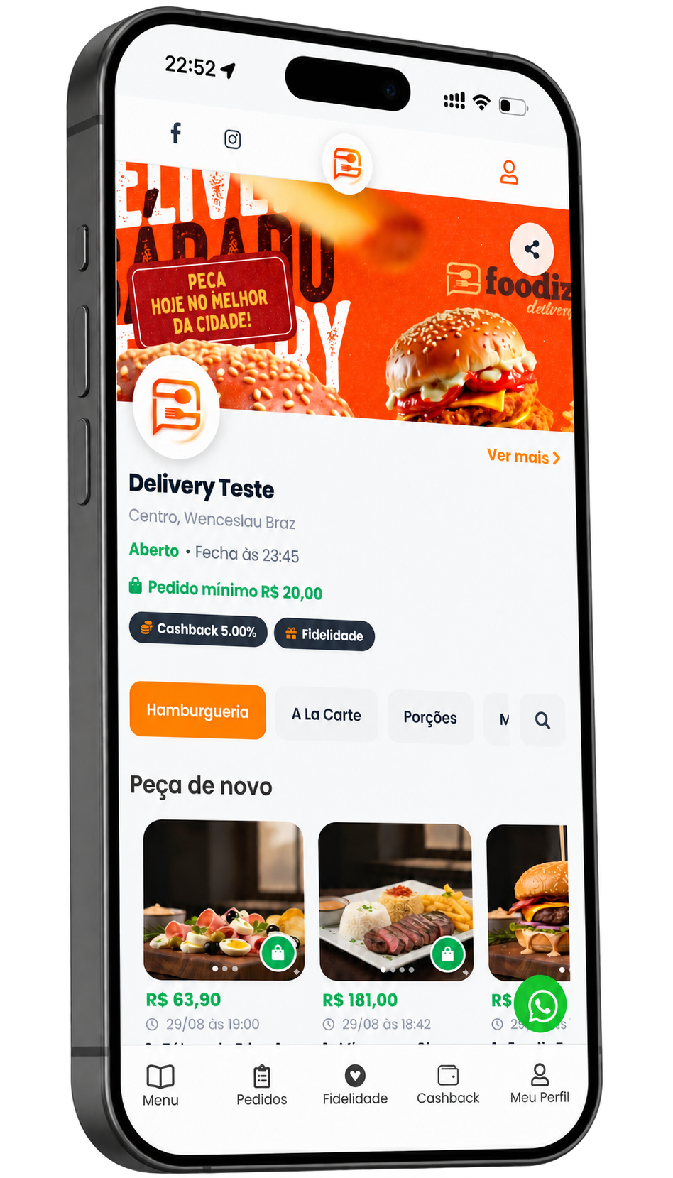 App de delivery do Foodiz em um smartphone