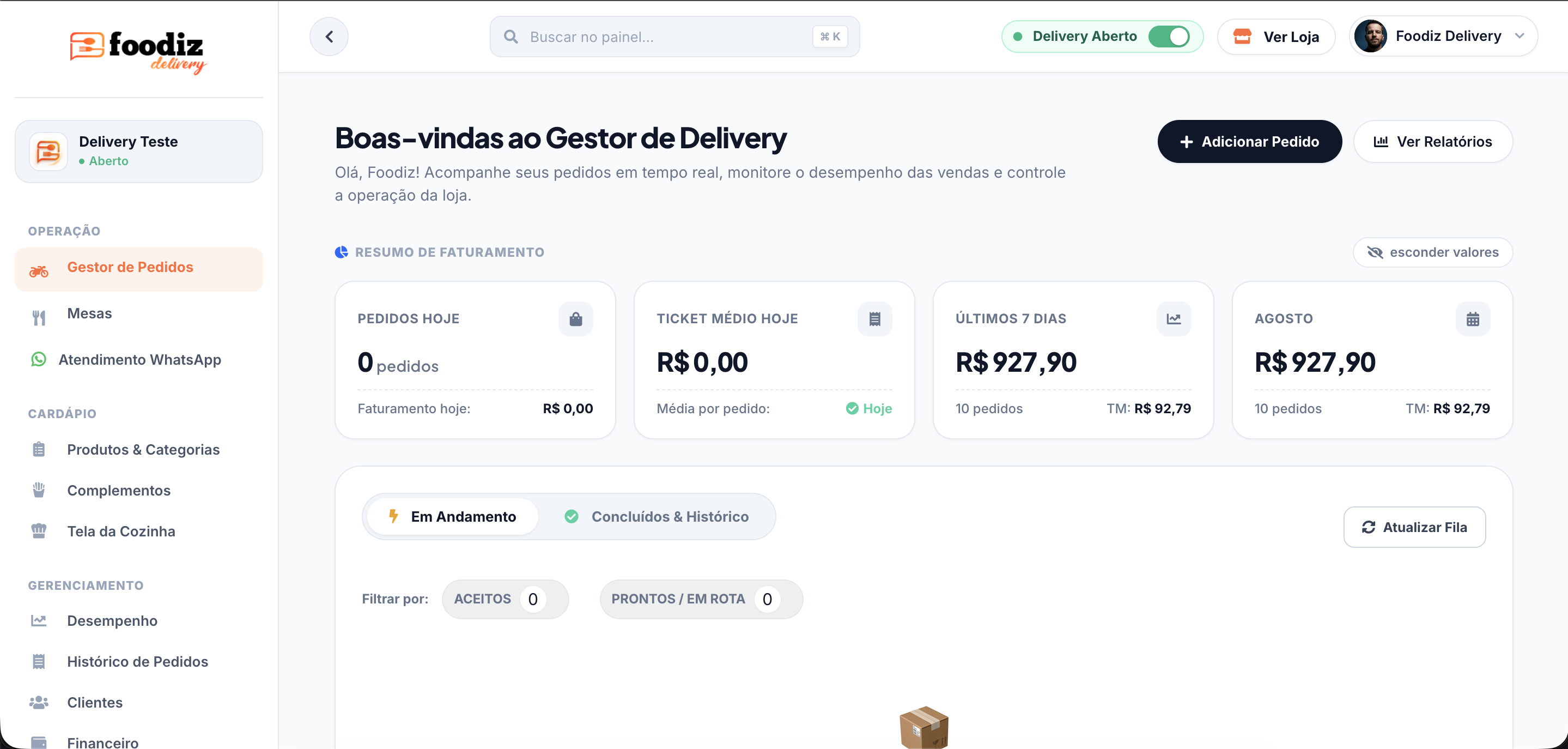 Dashboard desktop de gestão do Foodiz