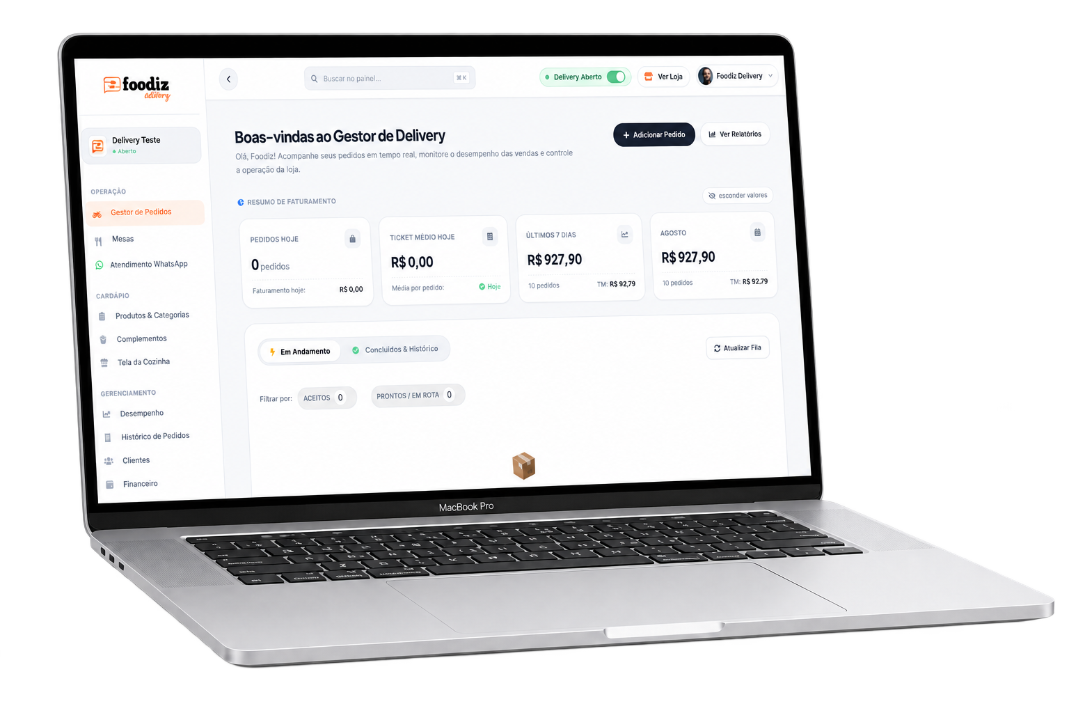 Dashboard de gestão Foodiz em um MacBook